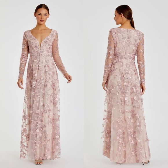 Mac Duggal Dresses & Skirts - NWT Mac Duggal 70224 Pink Floral Applique Long Sleeve Illusion Gown Size 10
